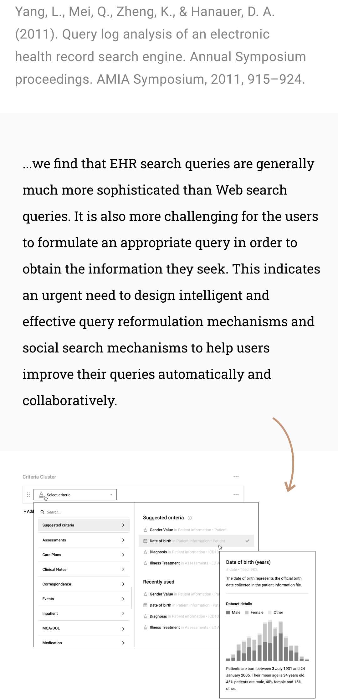 User interface wireframe next to a quote from a medical research article.