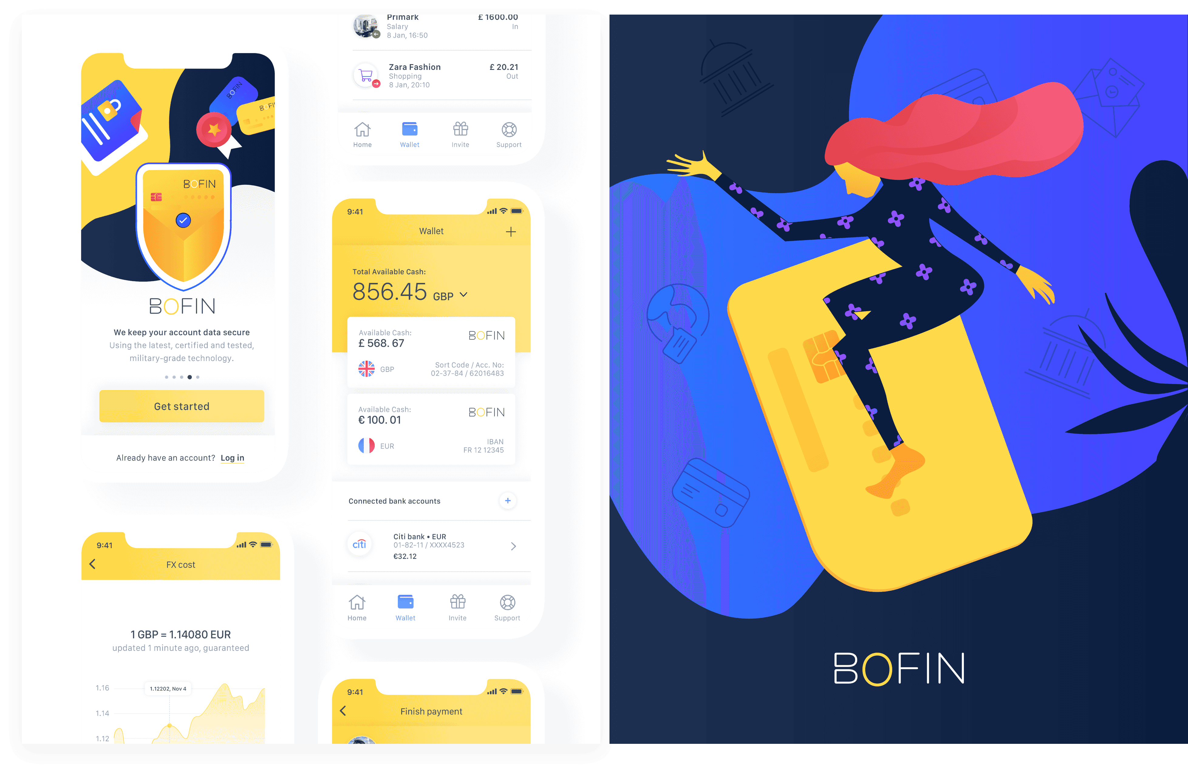 UI Design für mobile App und Illustration mit Frau auf Geldkarte.