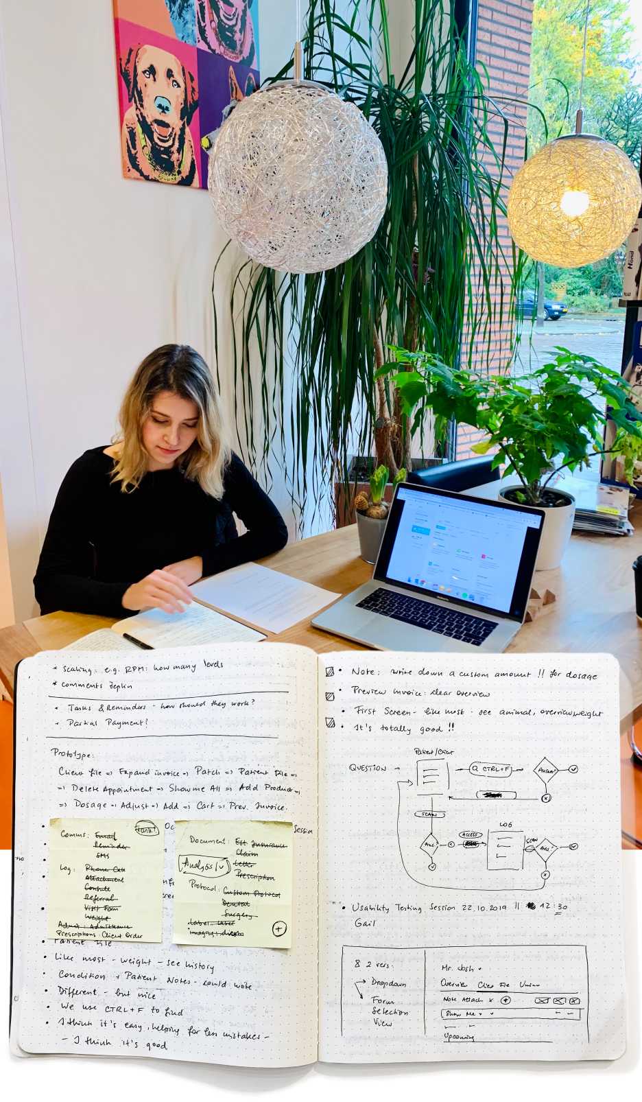 Montage mit UX Researcher in einem Café in der Schweiz und User Research Notizen