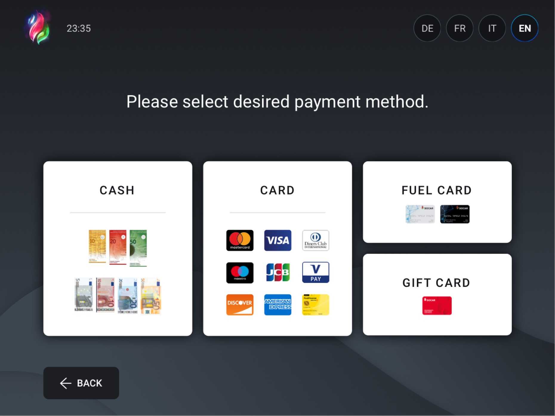 UI Design für Bezahlautomat mit Auswahl der Bezahlmethode
