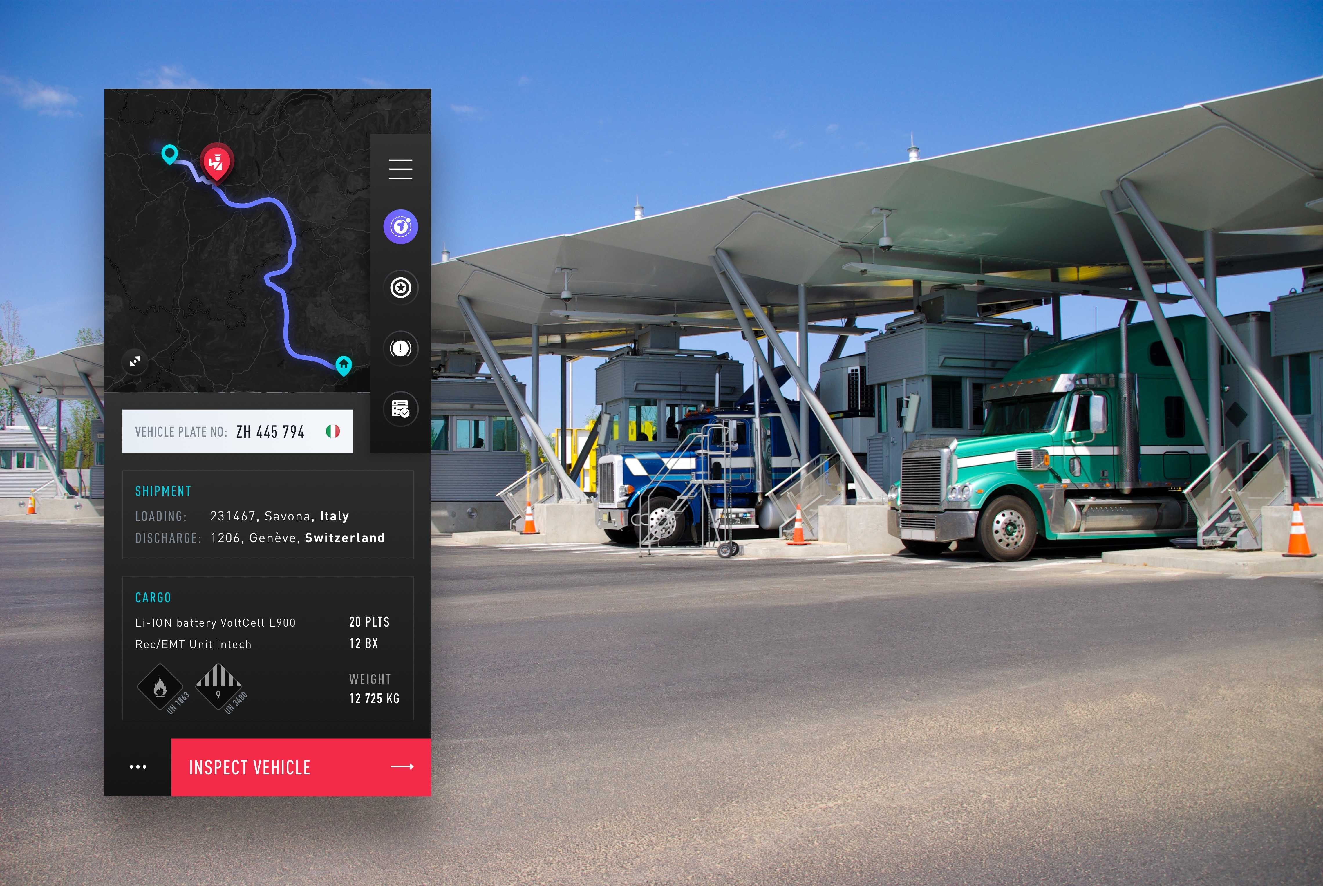 Lastwagen an der Grenze und daneben ein UI Design aus der digitalen App