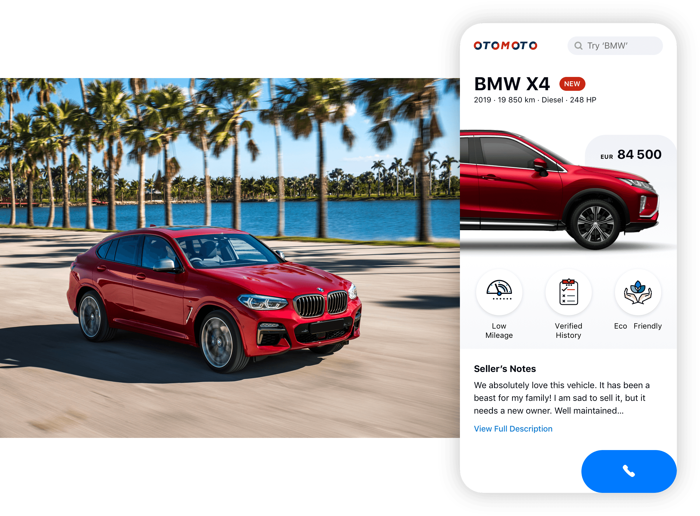 Fahrendes rotes Auto neben UI Design für mobile App.